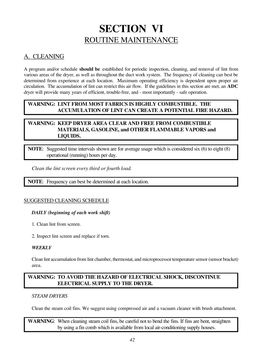 American Dryer Corp Super AD-30 manual Routine Maintenance, Cleaning 