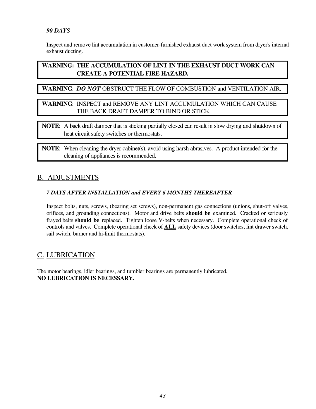 American Dryer Corp Super AD-30 manual Adjustments, Lubrication 