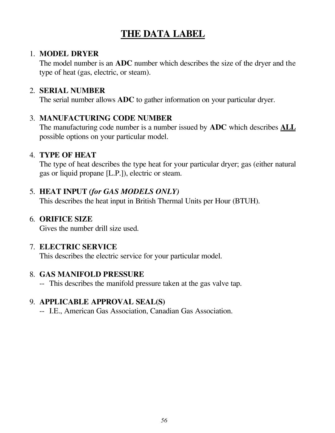 American Dryer Corp Super AD-30 manual Data Label 