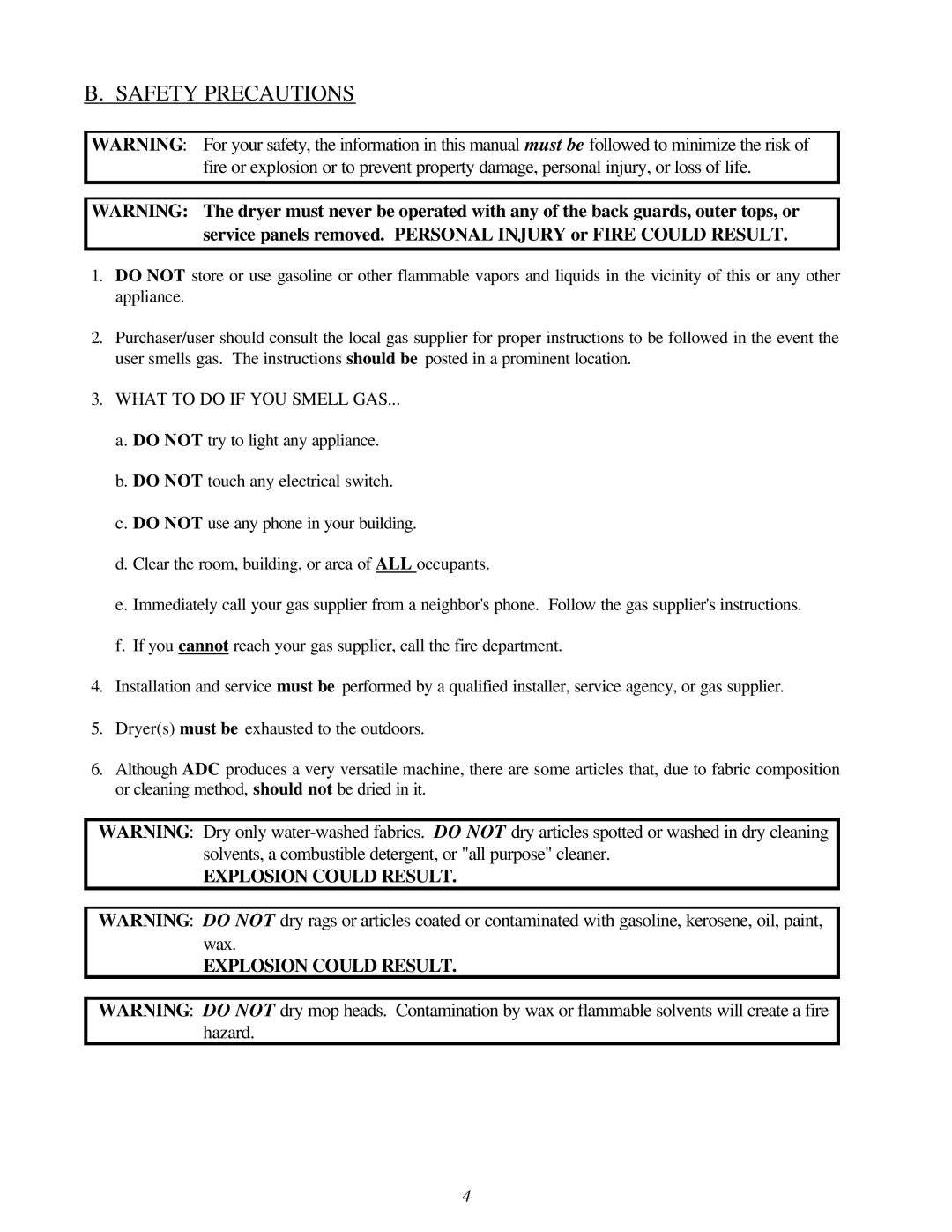 American Dryer Corp Super AD-30 manual Safety Precautions, What to do if YOU Smell GAS 