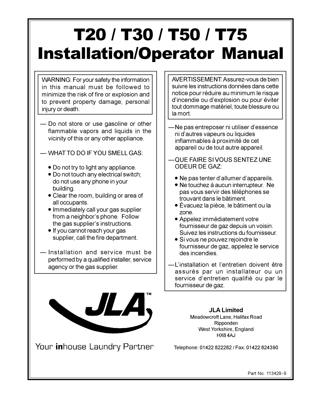 American Dryer Corp manual T20 / T30 / T50 / T75 Installation/Operator Manual, JLA Limited 