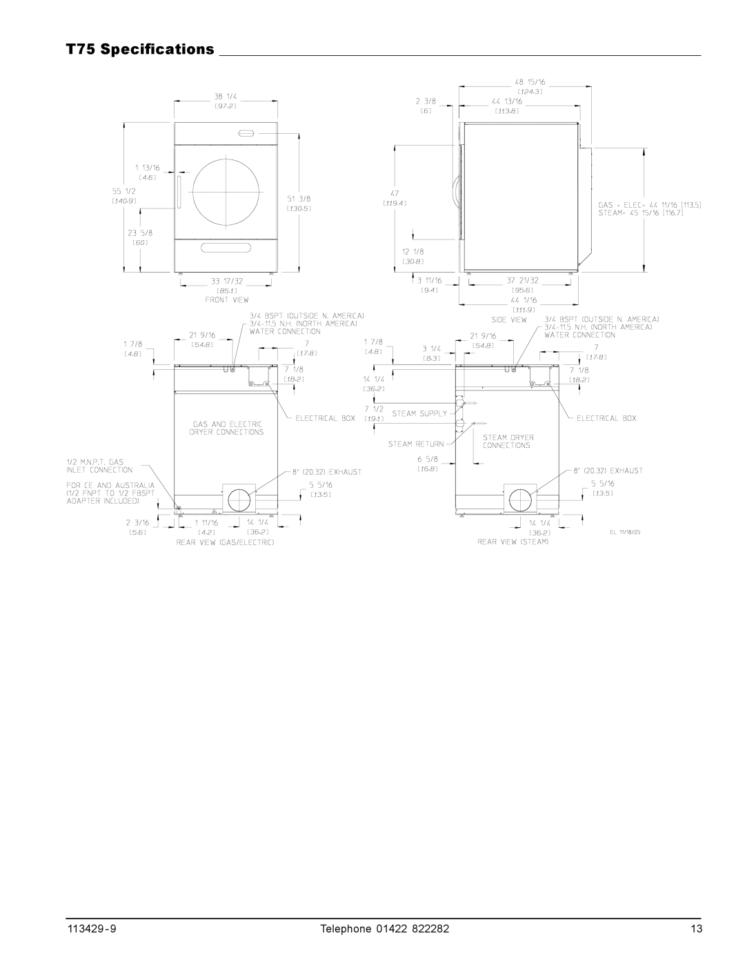 American Dryer Corp T30, T20, T50 manual T75 Specifications 