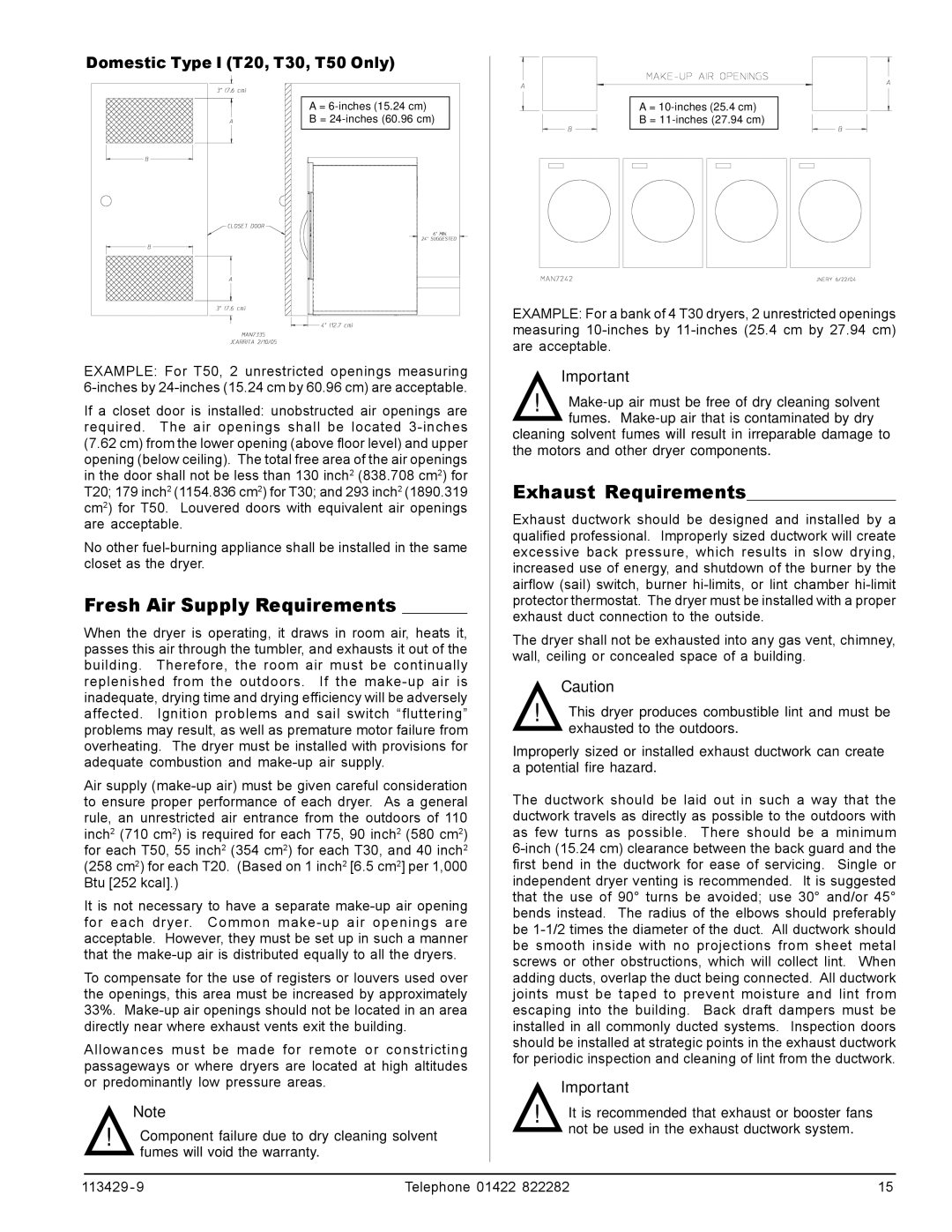 American Dryer Corp T75 manual Fresh Air Supply Requirements, Exhaust Requirements, Domestic Type I T20, T30, T50 Only 