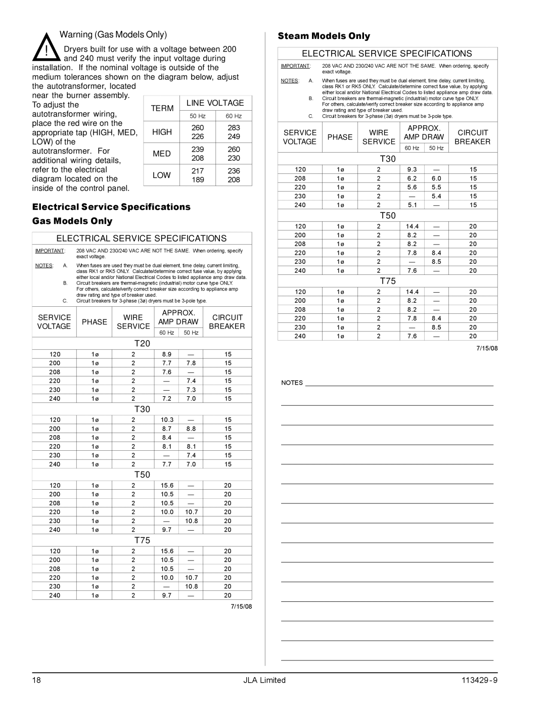 American Dryer Corp T20 manual Electrical Service Specifications Gas Models Only, T30, T50, T75, Steam Models Only 