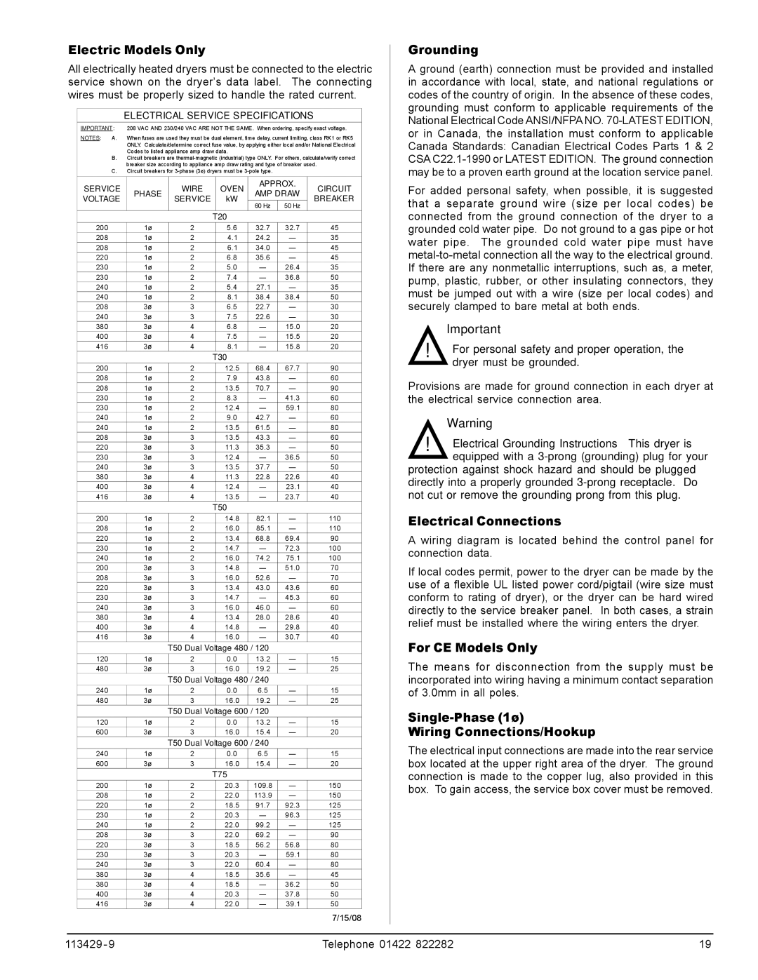 American Dryer Corp T50, T75, T30, T20 manual Electric Models Only, Grounding, Electrical Connections, For CE Models Only 