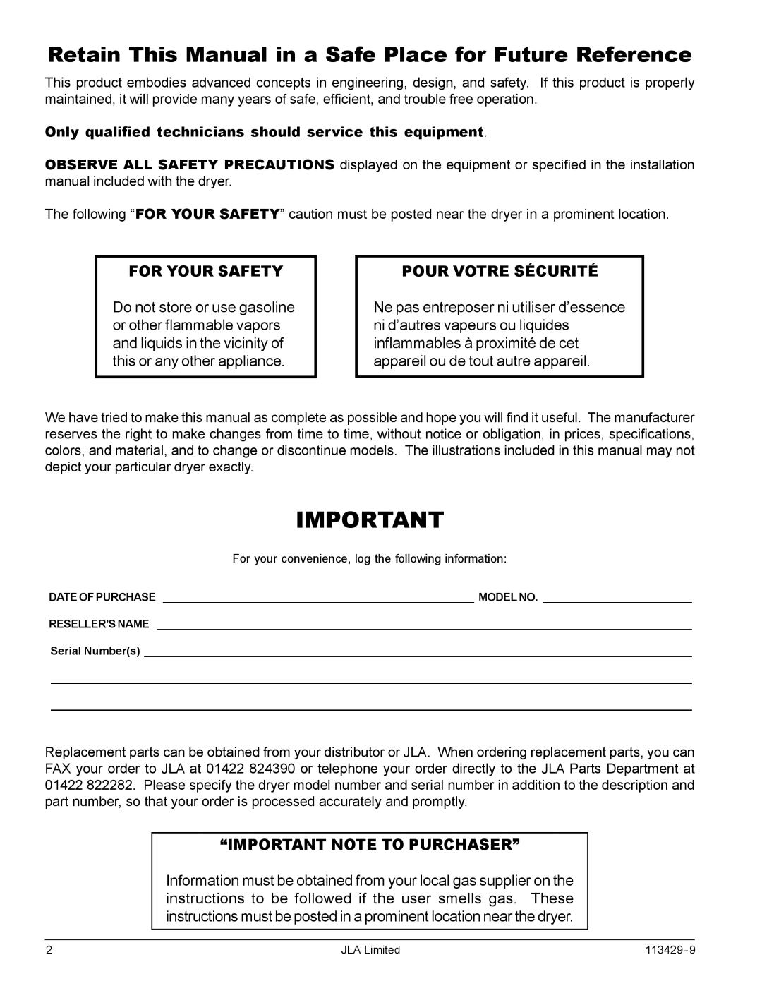 American Dryer Corp T20, T75, T30, T50 manual Retain This Manual in a Safe Place for Future Reference 