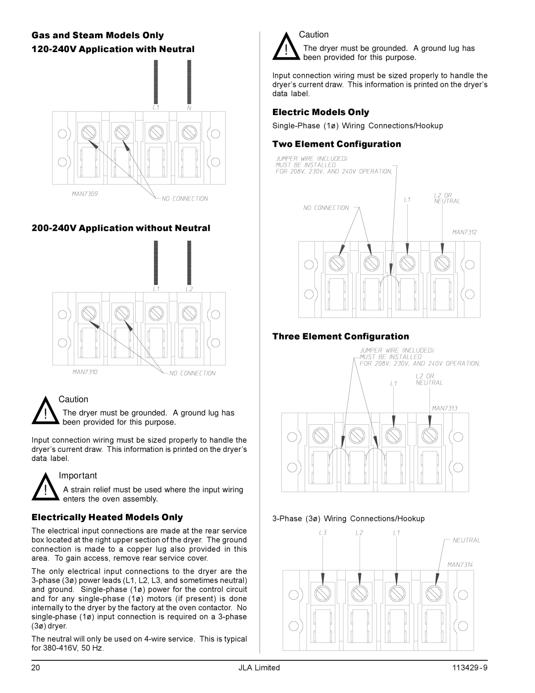 American Dryer Corp T75, T30, T20 Electrically Heated Models Only, Two Element Configuration Three Element Configuration 