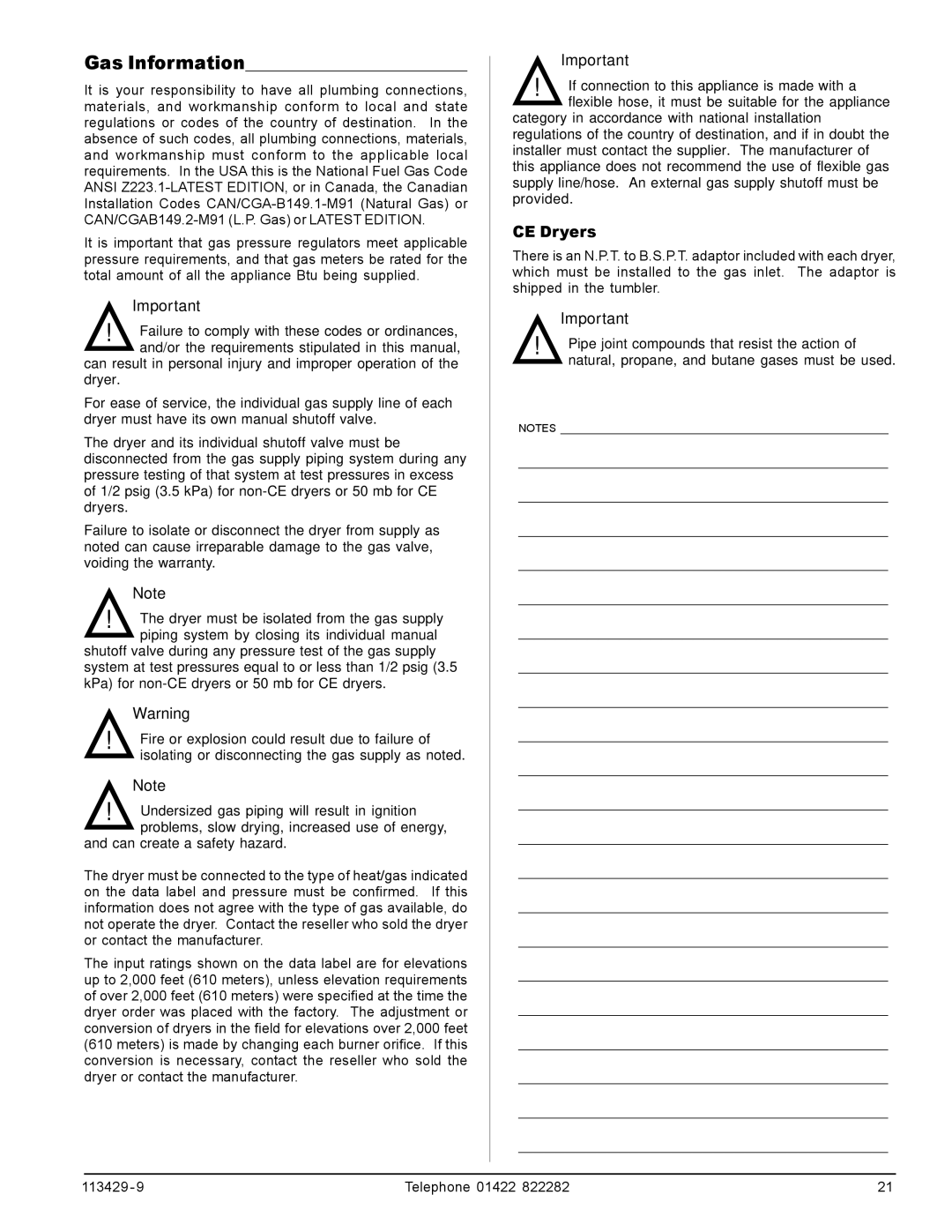 American Dryer Corp T30, T75, T20, T50 manual Gas Information, CE Dryers 