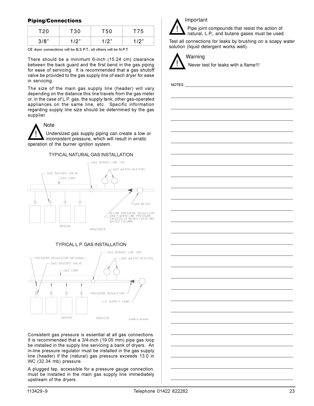 American Dryer Corp T75, T30 manual T20 T50, Piping/Connections 