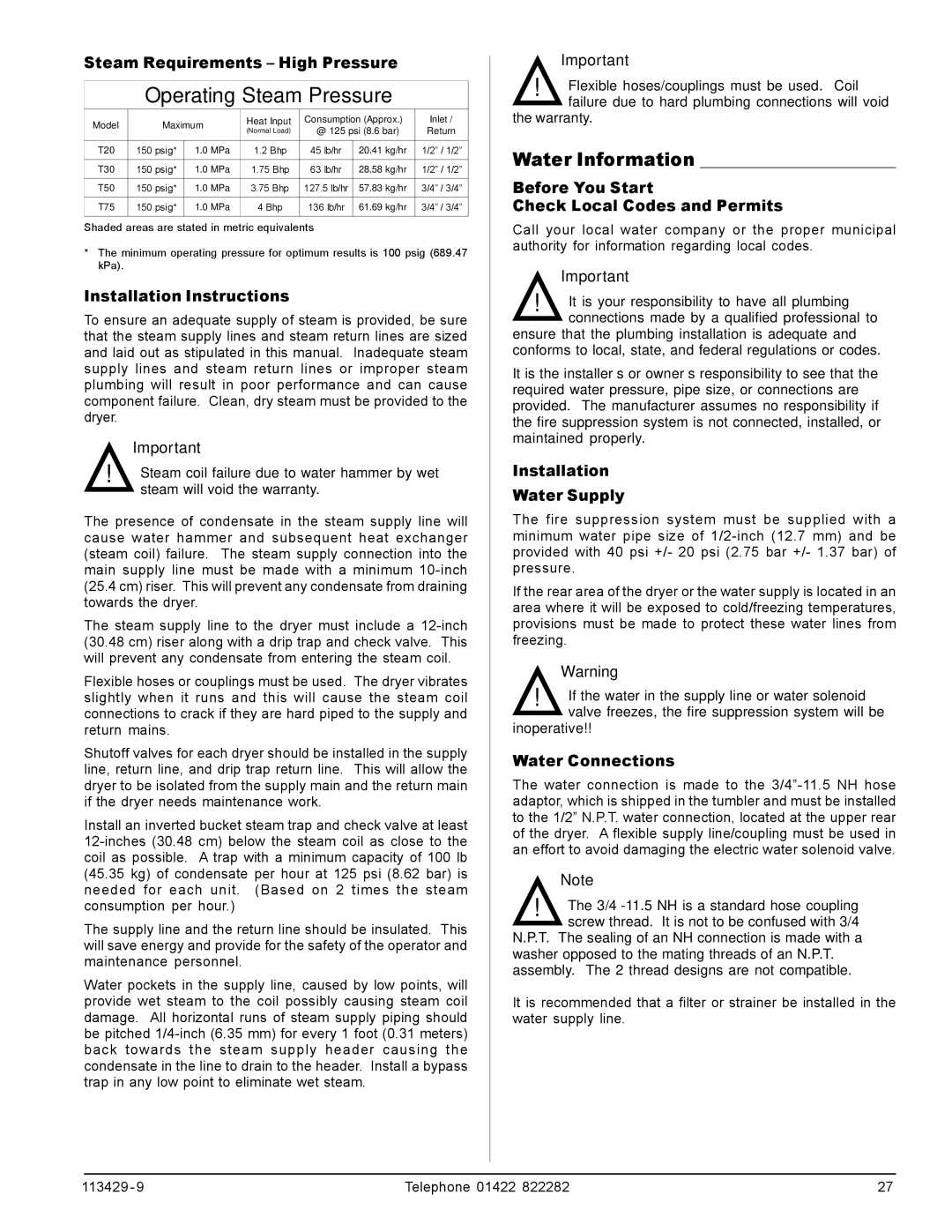 American Dryer Corp T50, T75, T30, T20 manual Water Information 