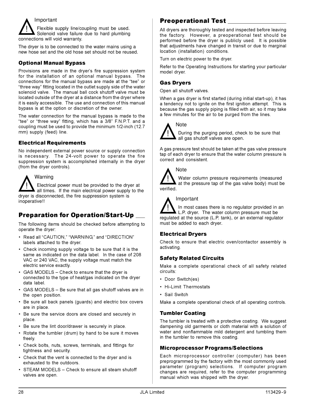 American Dryer Corp T75, T30, T20, T50 manual Preparation for Operation/Start-Up, Preoperational Test 