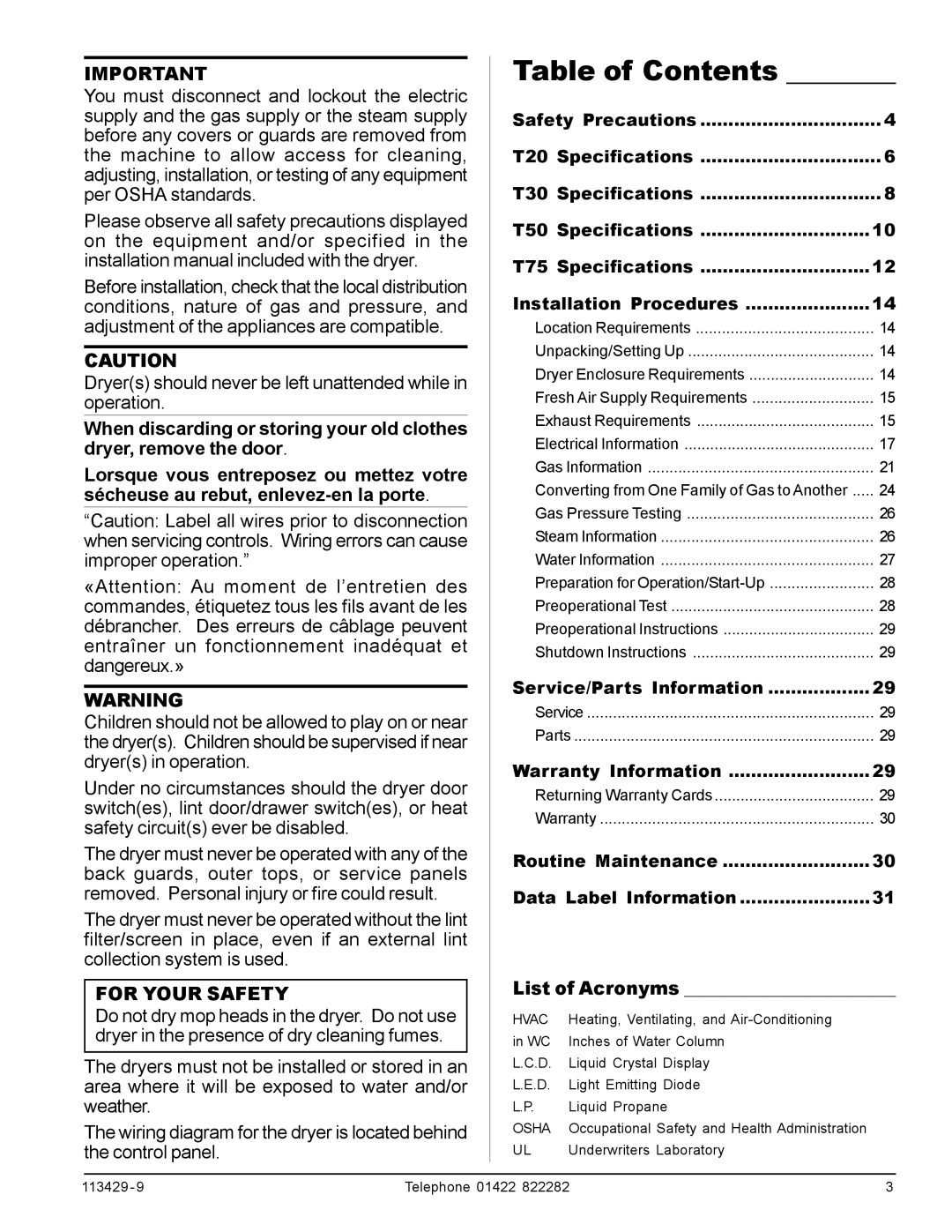 American Dryer Corp T50, T75, T30, T20 manual Table of Contents 