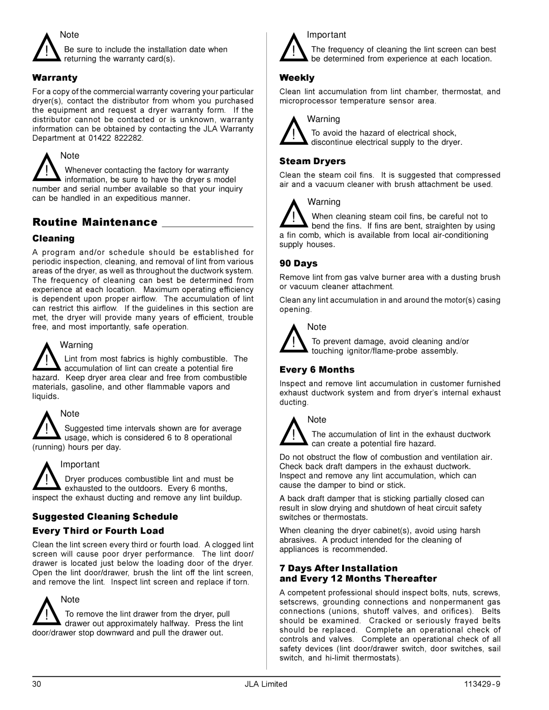 American Dryer Corp T20, T75, T30, T50 manual Routine Maintenance 