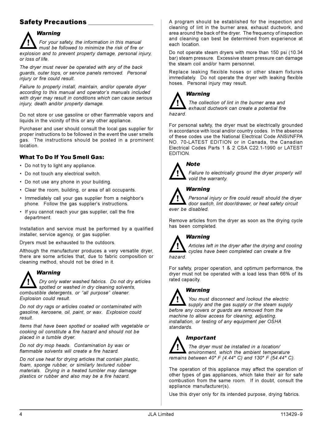 American Dryer Corp T75, T30, T20, T50 manual Safety Precautions, What To Do If You Smell Gas 