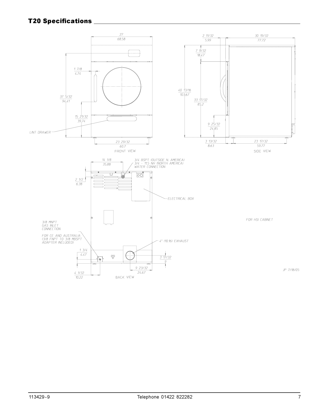 American Dryer Corp T50, T75, T30 manual T20 Specifications 