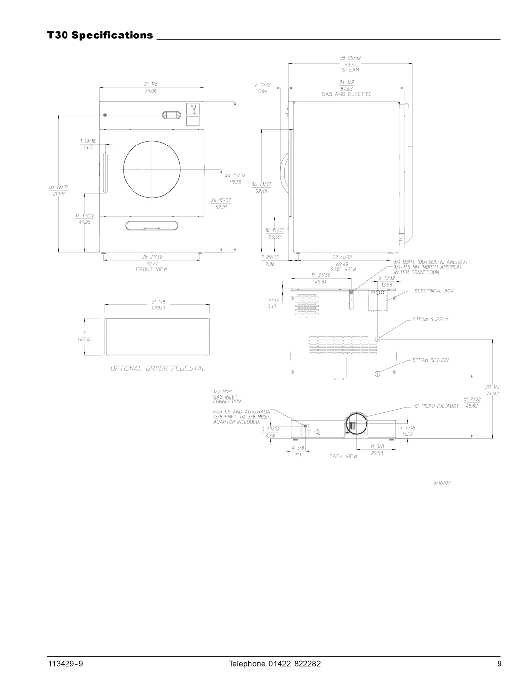 American Dryer Corp T75, T20, T50 manual T30 Specifications 