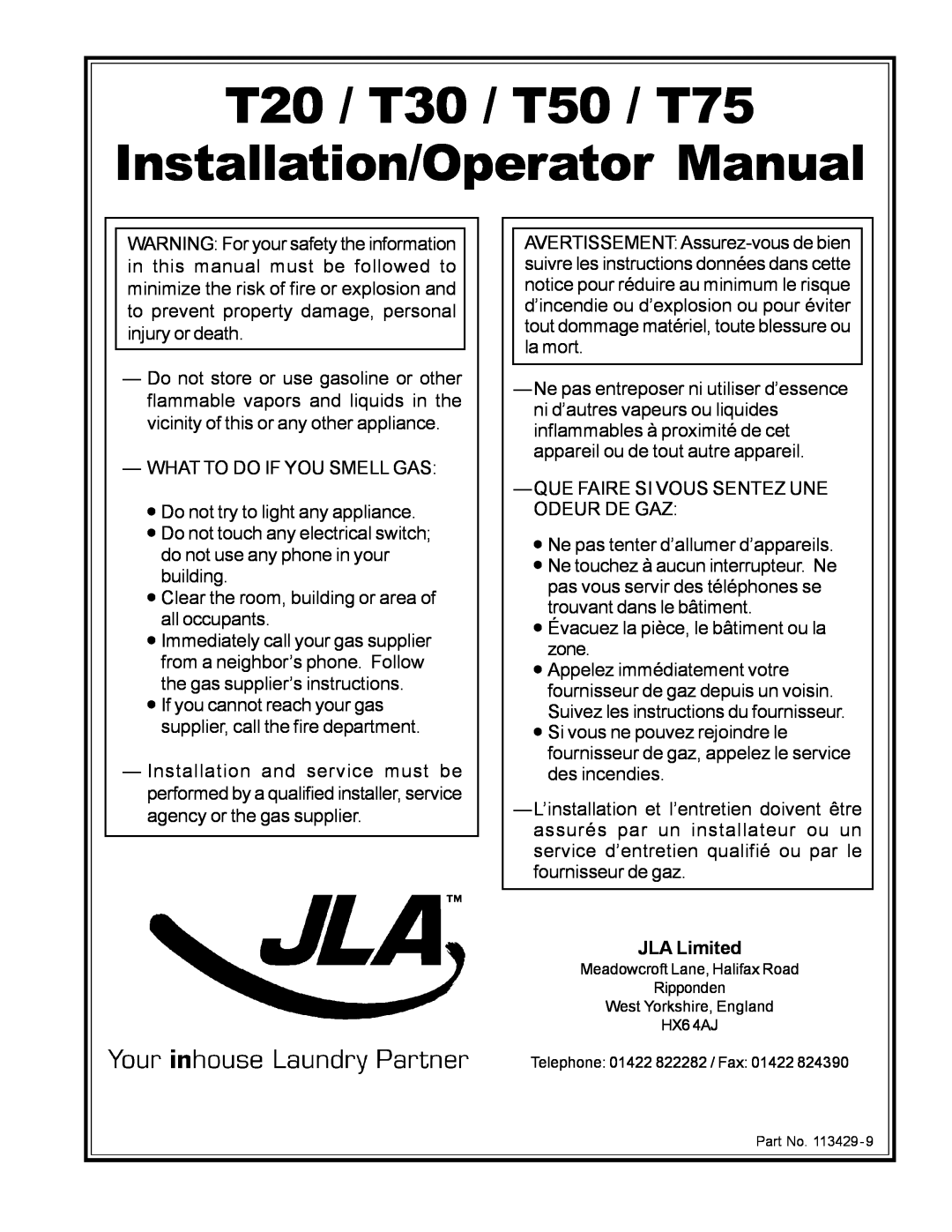 American Dryer Corp manual JLA Limited, T20 / T30 / T50 / T75 Installation/Operator Manual 