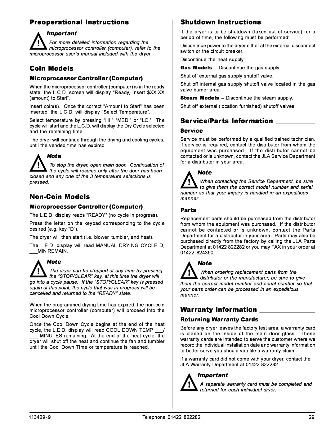 American Dryer Corp T30 Preoperational Instructions, Non-Coin Models, Shutdown Instructions, Service/Parts Information 