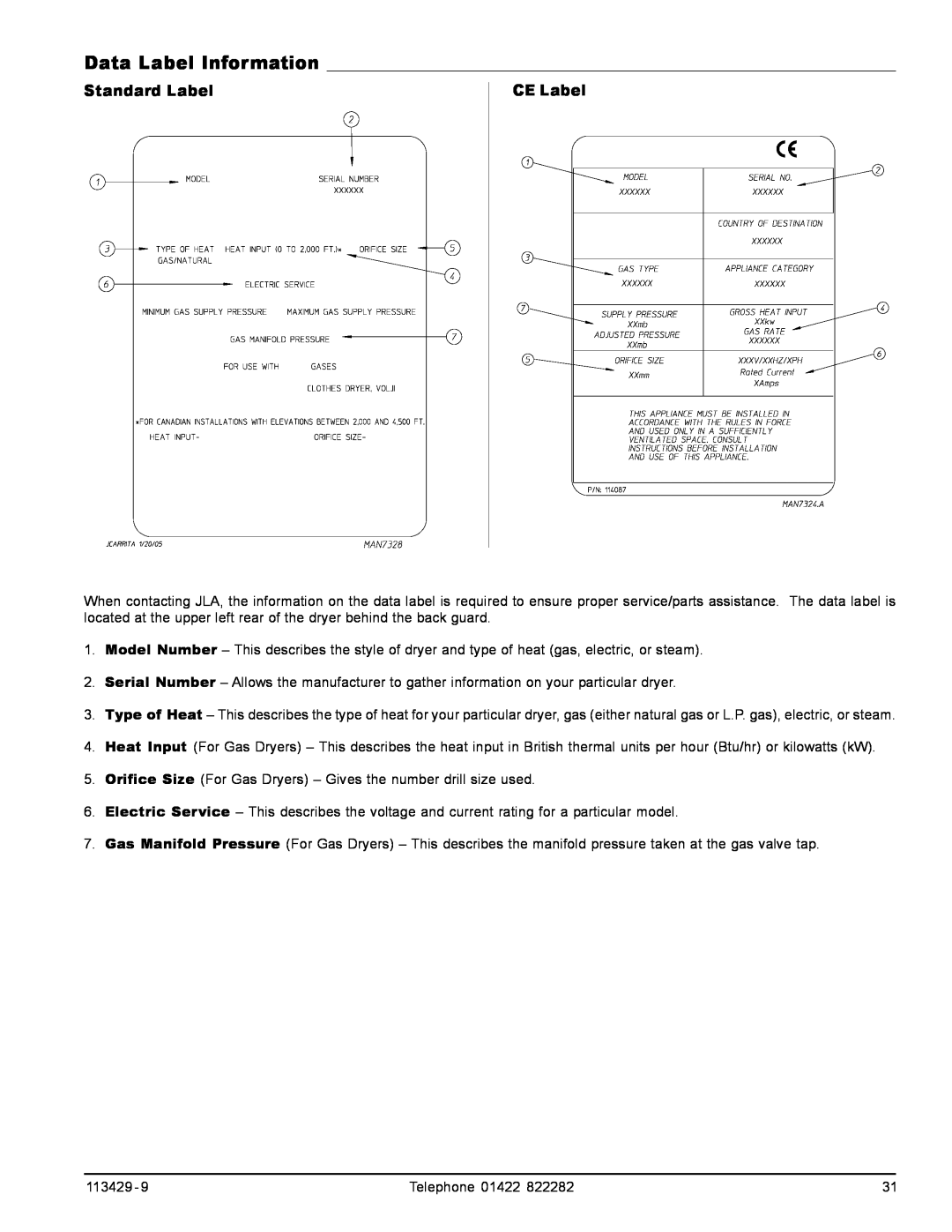American Dryer Corp T50, T75, T30, T20 manual Data Label Information, Standard Label, CE Label 