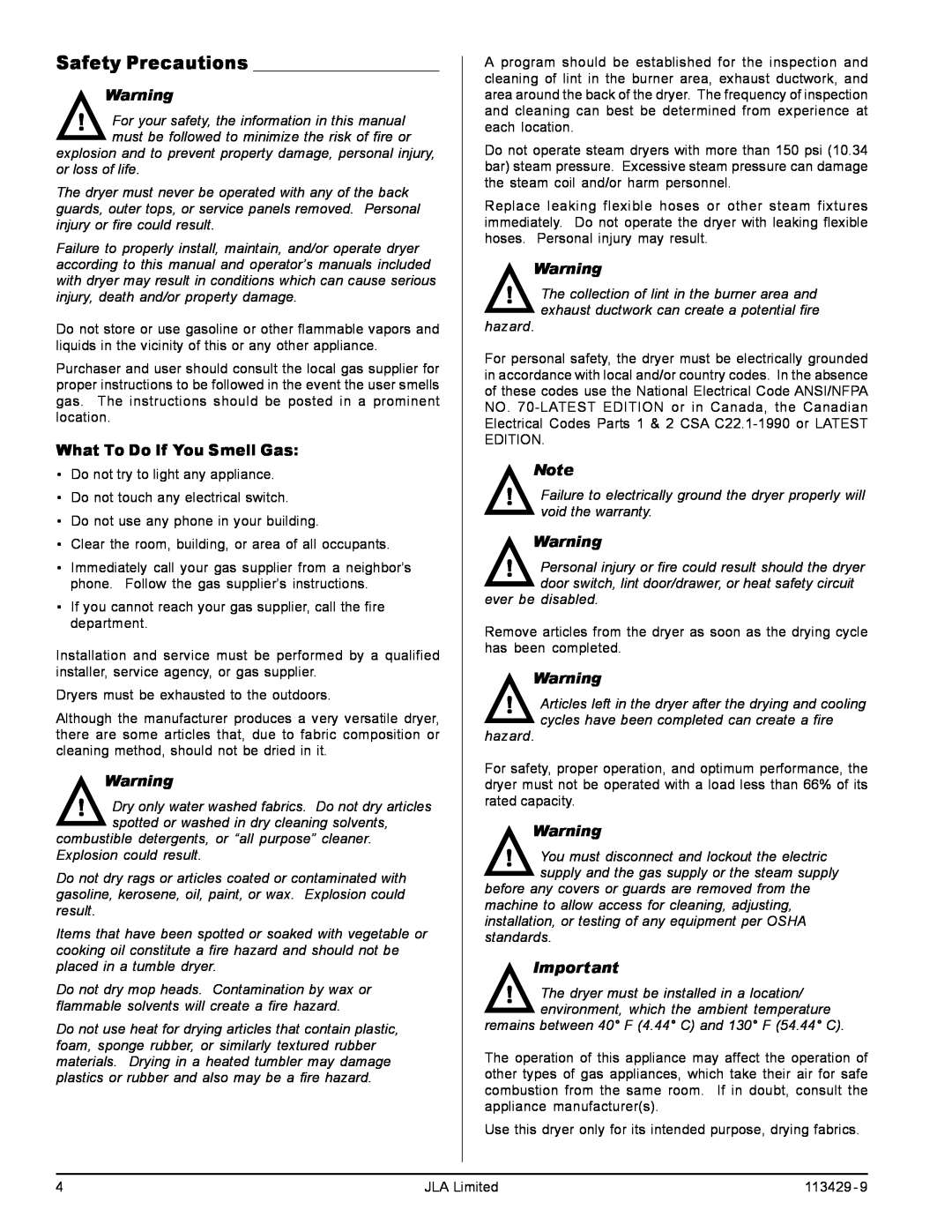 American Dryer Corp T75, T30, T20, T50 manual Safety Precautions, What To Do If You Smell Gas 