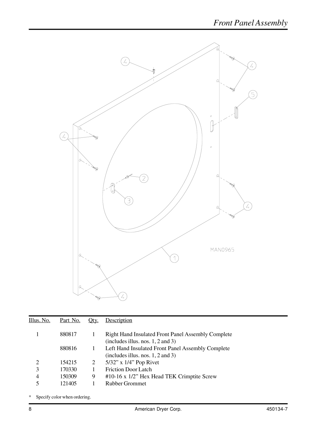 American Dryer Corp UD-80 manual Front Panel Assembly 