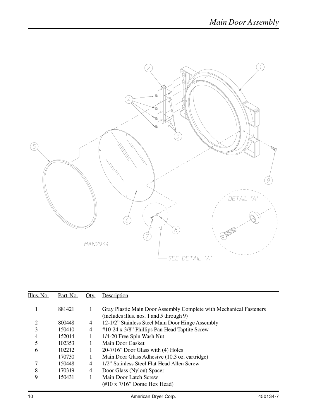 American Dryer Corp UD-80 manual Main Door Assembly 