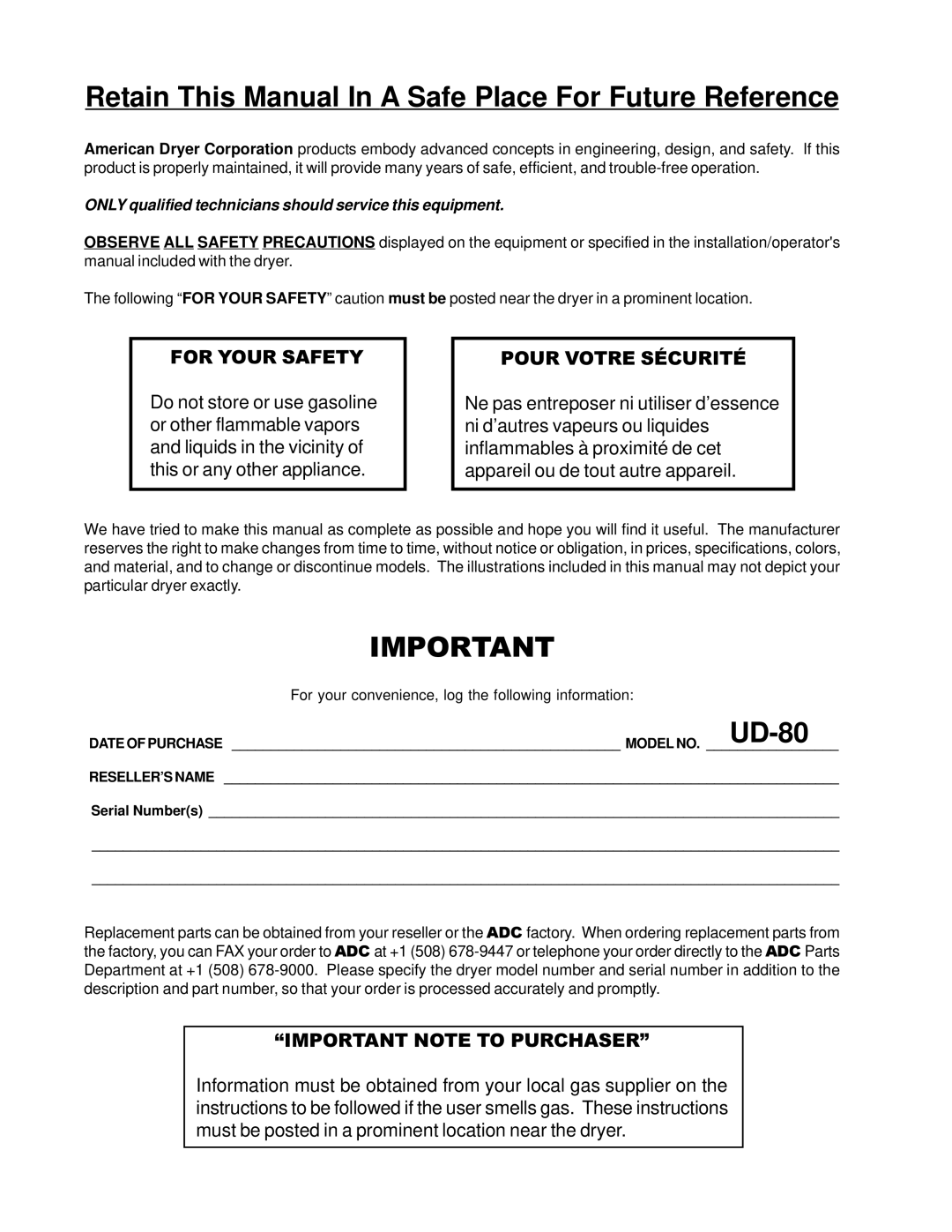 American Dryer Corp UD-80 manual Retain This Manual In a Safe Place For Future Reference 