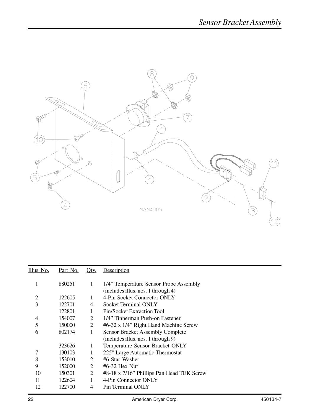 American Dryer Corp UD-80 manual Sensor Bracket Assembly 