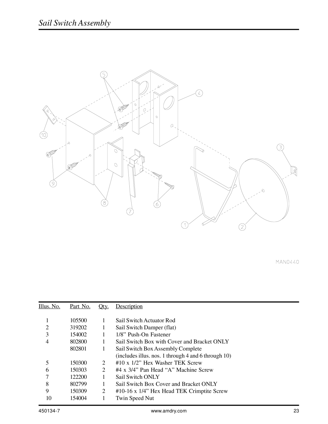 American Dryer Corp UD-80 manual Sail Switch Assembly 