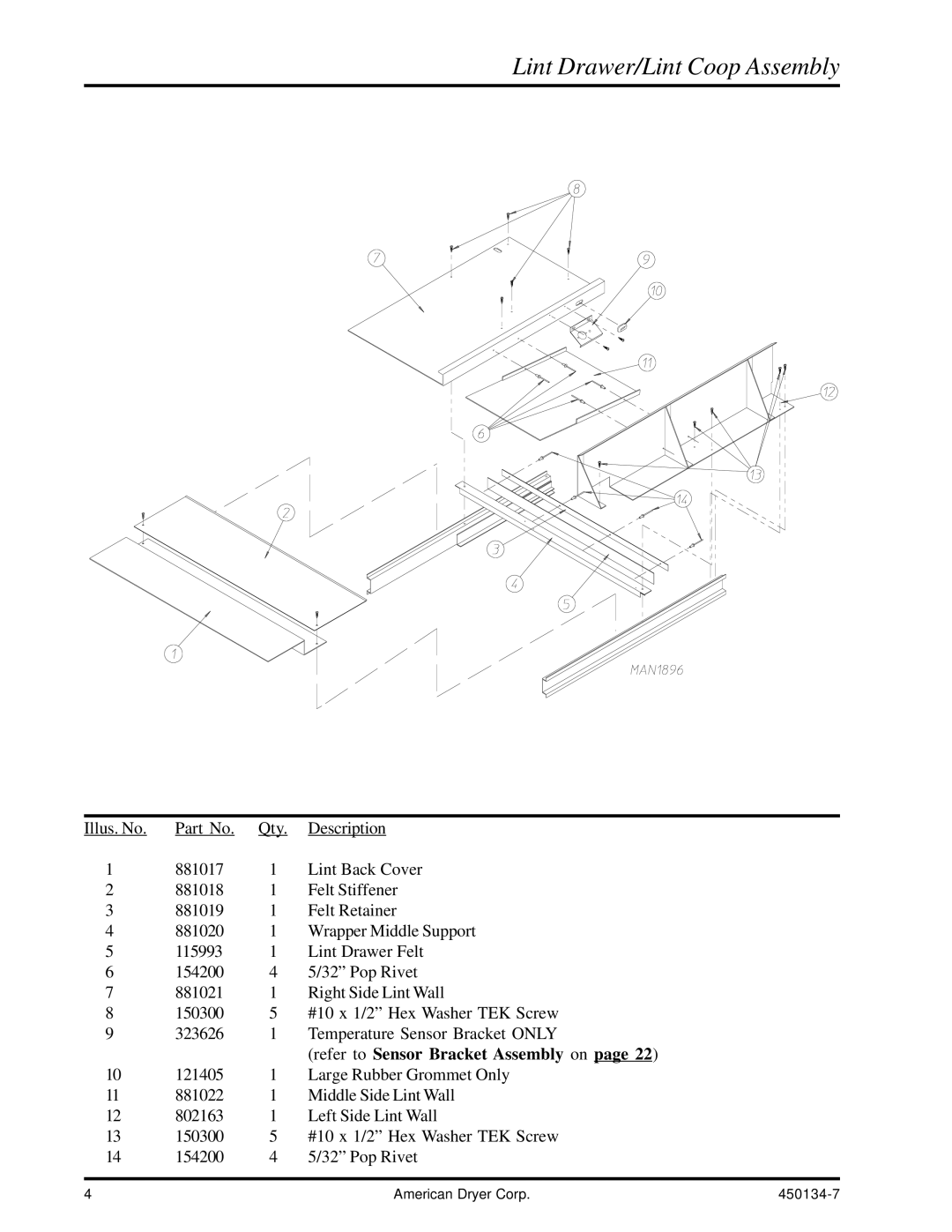 American Dryer Corp UD-80 manual Lint Drawer/Lint Coop Assembly 