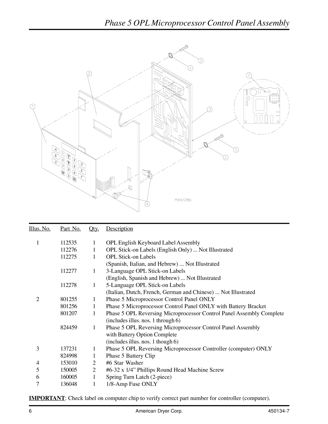 American Dryer Corp UD-80 manual Phase 5 OPL Microprocessor Control Panel Assembly 