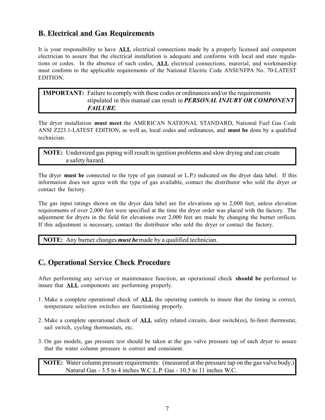 American Dryer Corp WDA-385 service manual Electrical and Gas Requirements, Operational Service Check Procedure 