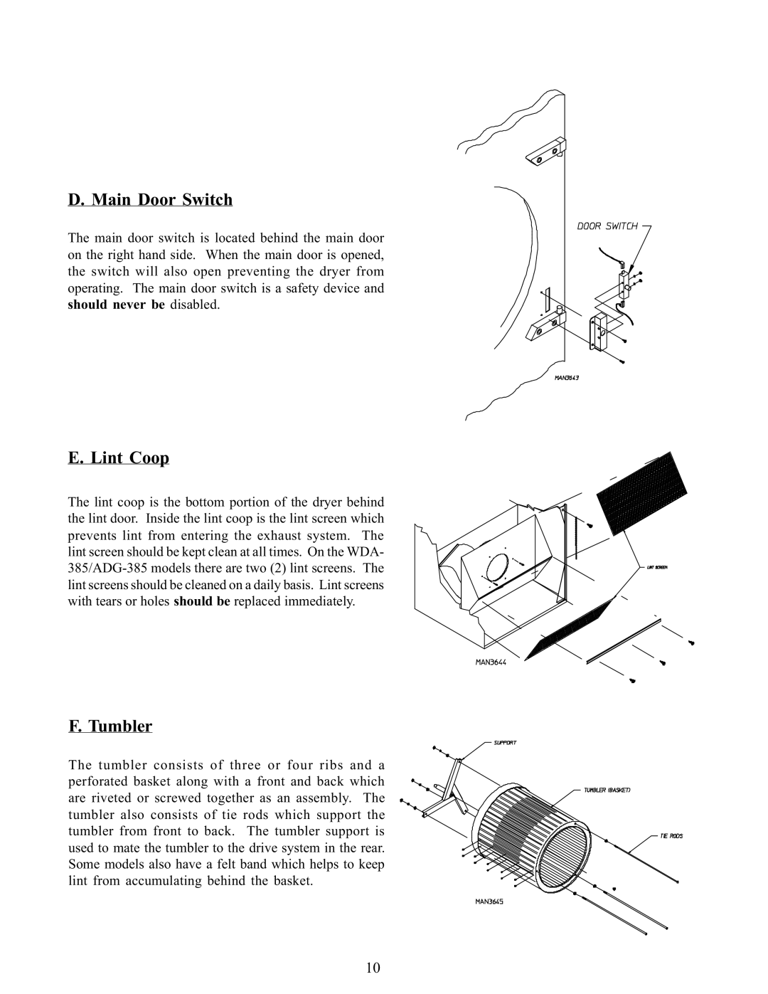 American Dryer Corp WDA-385 service manual Main Door Switch, Lint Coop, Tumbler 