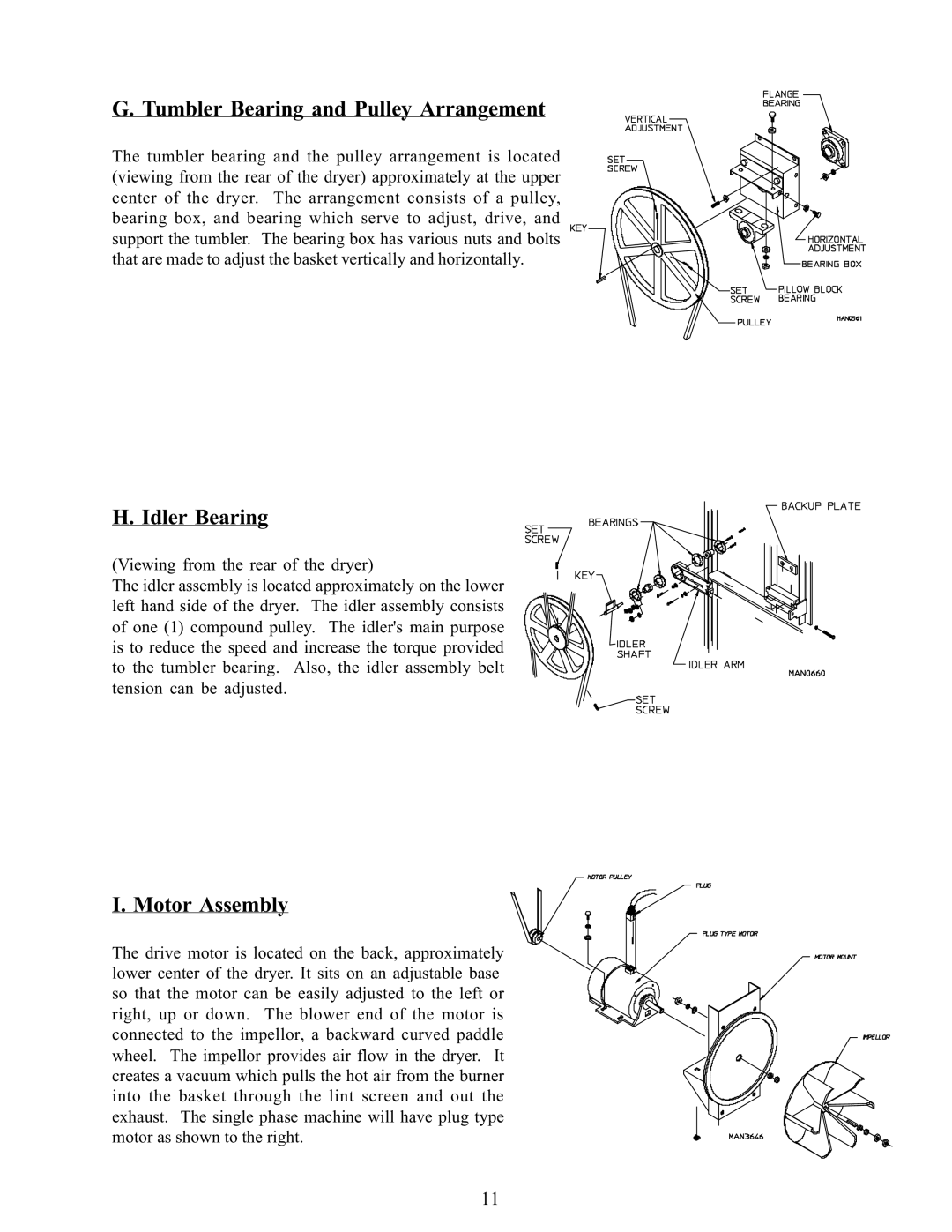 American Dryer Corp WDA-385 service manual Tumbler Bearing and Pulley Arrangement, Idler Bearing, Motor Assembly 