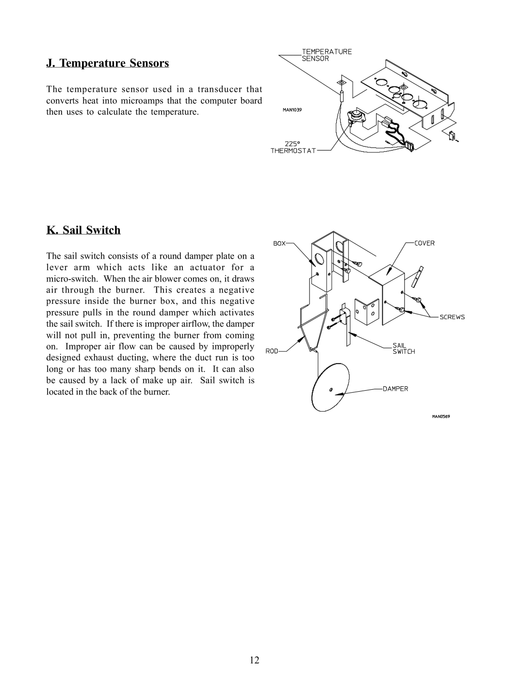 American Dryer Corp WDA-385 service manual Temperature Sensors, Sail Switch 