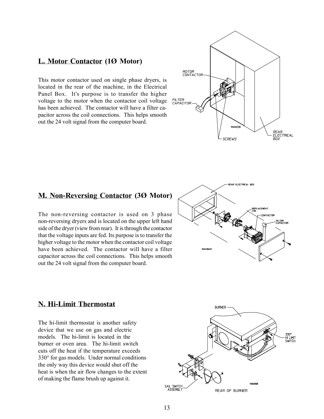 American Dryer Corp WDA-385 service manual Motor Contactor 1Ø Motor, Non-Reversing Contactor 3Ø Motor, Hi-Limit Thermostat 