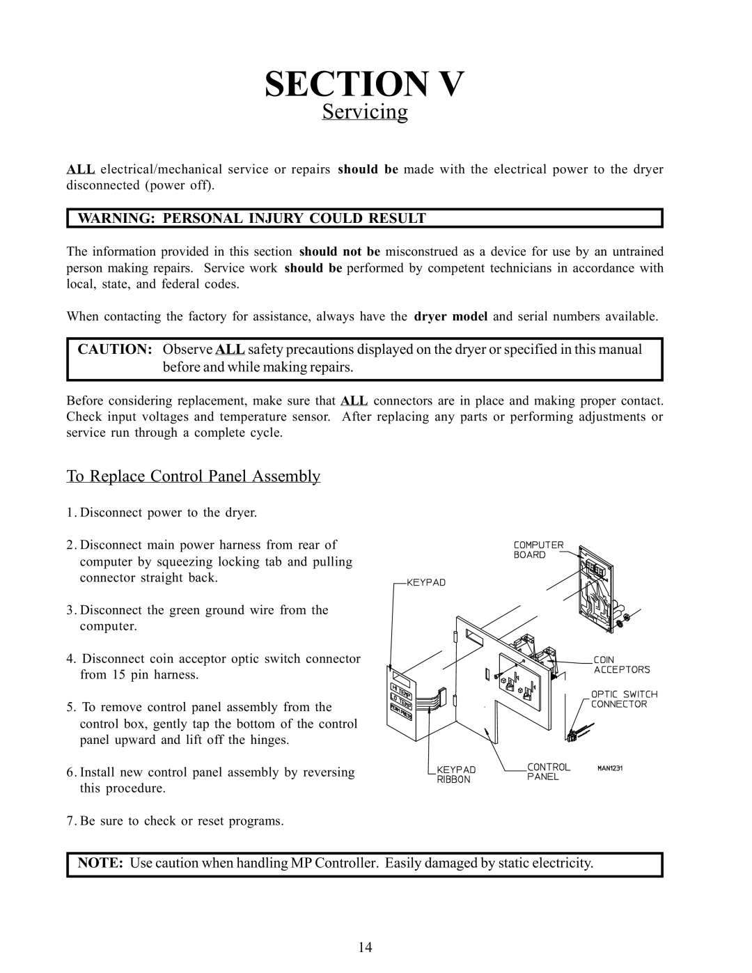 American Dryer Corp WDA-385 service manual Servicing, To Replace Control Panel Assembly 