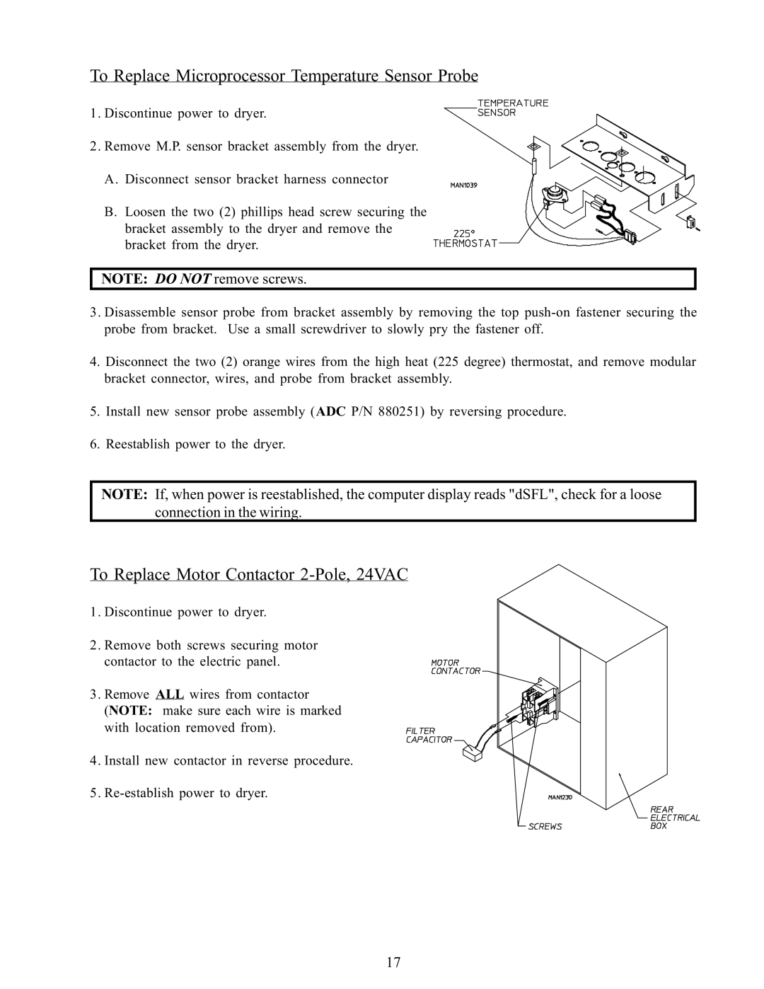 American Dryer Corp WDA-385 To Replace Microprocessor Temperature Sensor Probe, To Replace Motor Contactor 2-Pole, 24VAC 