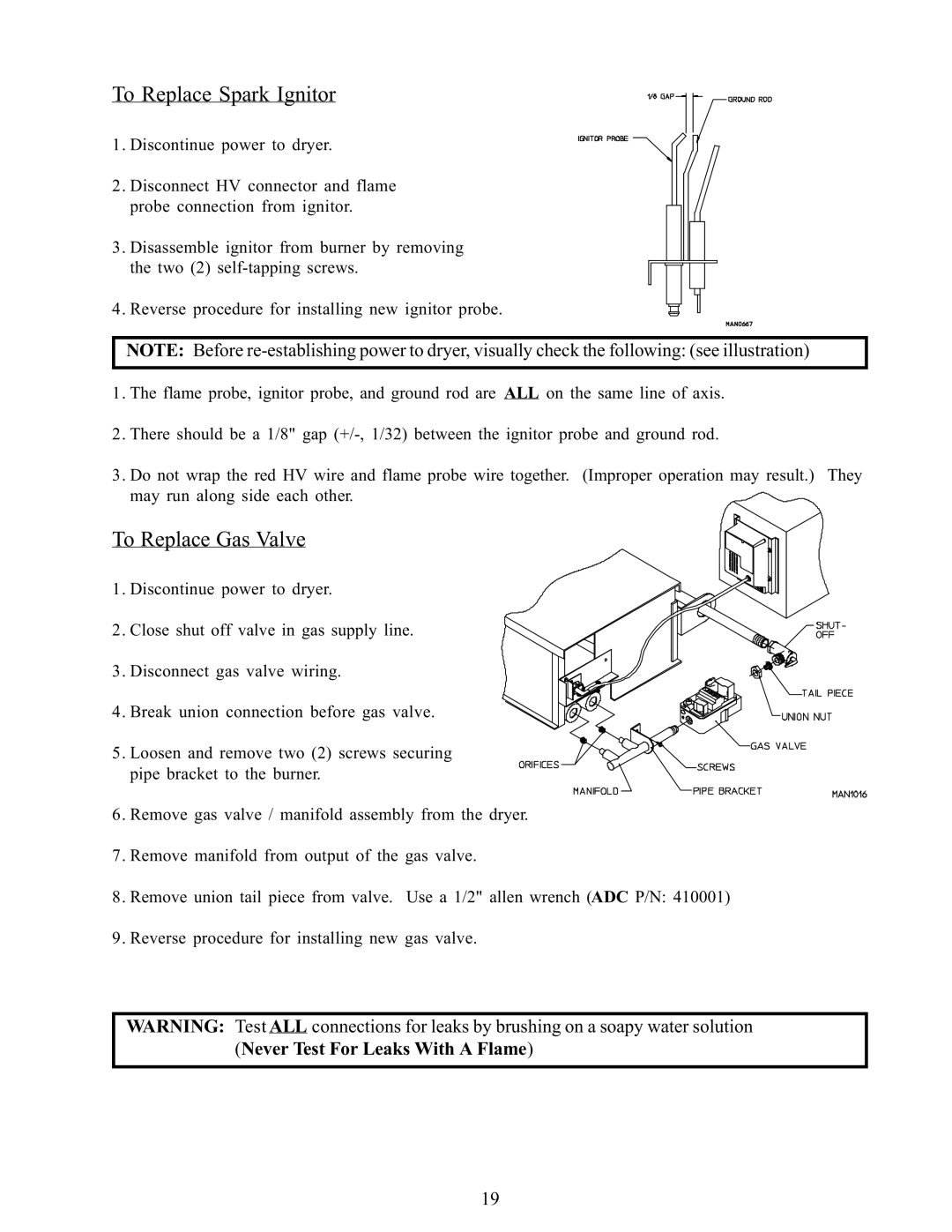 American Dryer Corp WDA-385 service manual To Replace Spark Ignitor, To Replace Gas Valve 