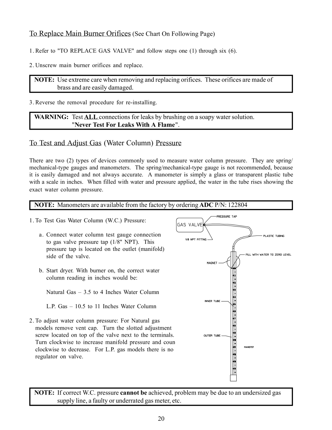 American Dryer Corp WDA-385 service manual To Replace Main Burner Orifices See Chart On Following 