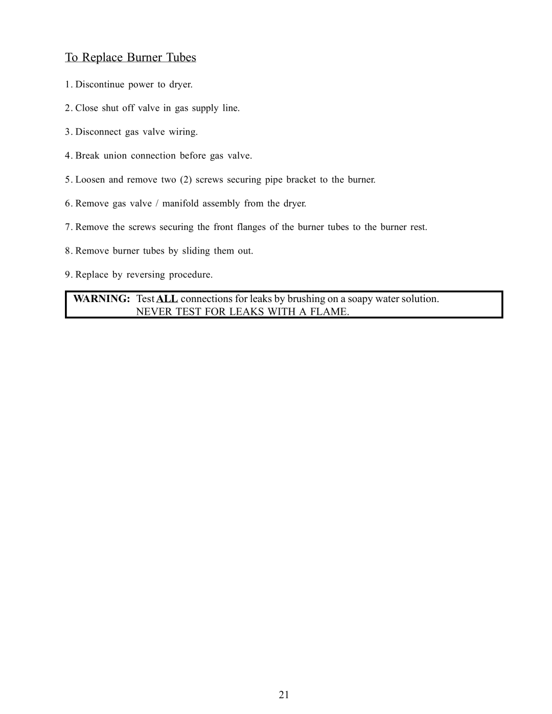 American Dryer Corp WDA-385 service manual To Replace Burner Tubes 