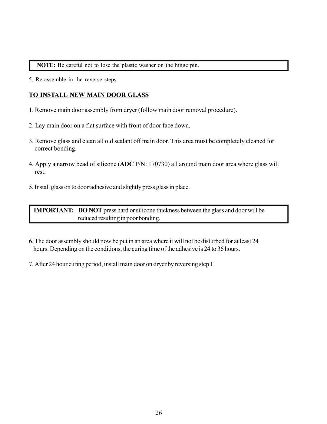 American Dryer Corp WDA-385 service manual To Install NEW Main Door Glass 