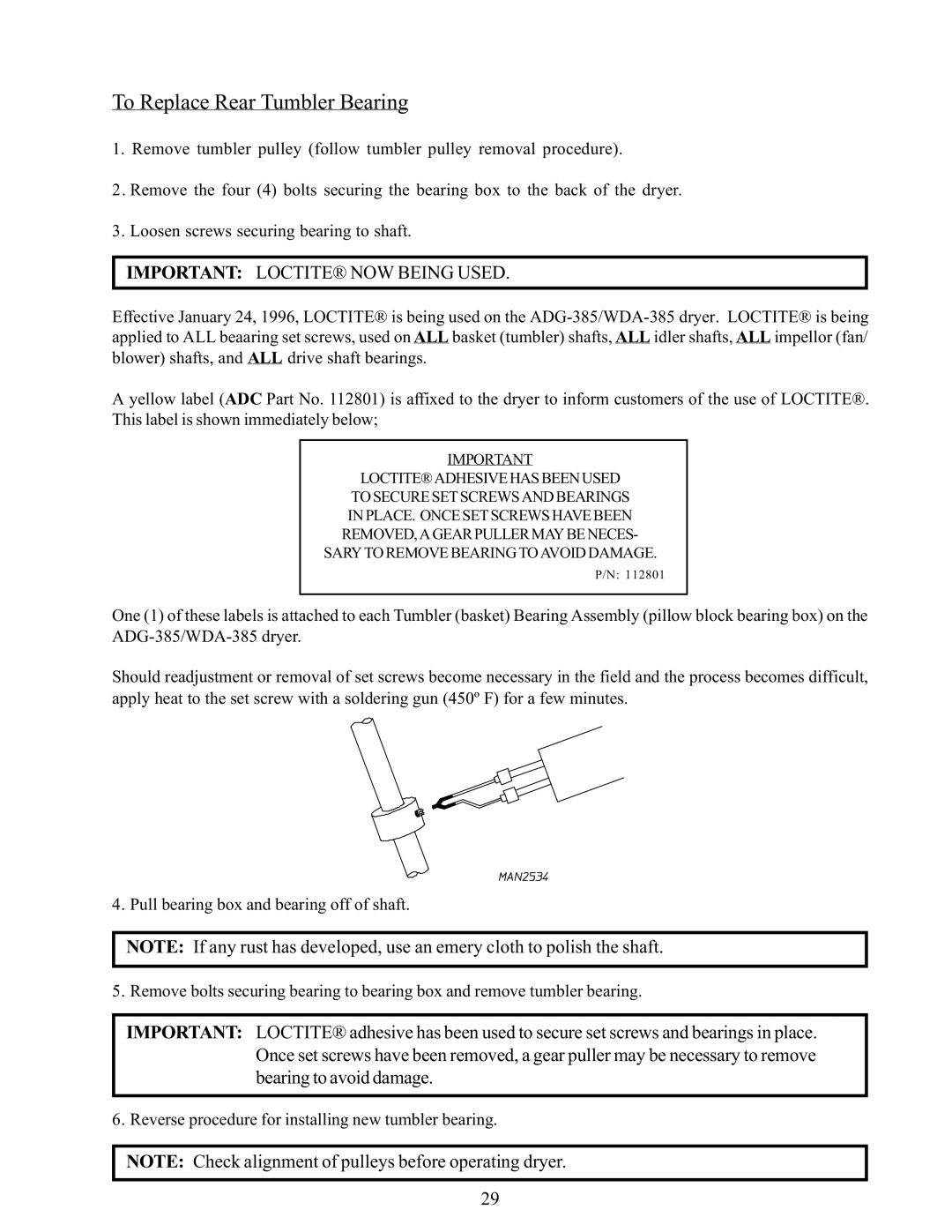 American Dryer Corp WDA-385 service manual To Replace Rear Tumbler Bearing, Important Loctite NOW Being Used 