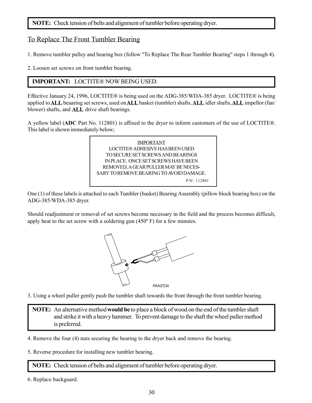 American Dryer Corp WDA-385 service manual To Replace The Front Tumbler Bearing 