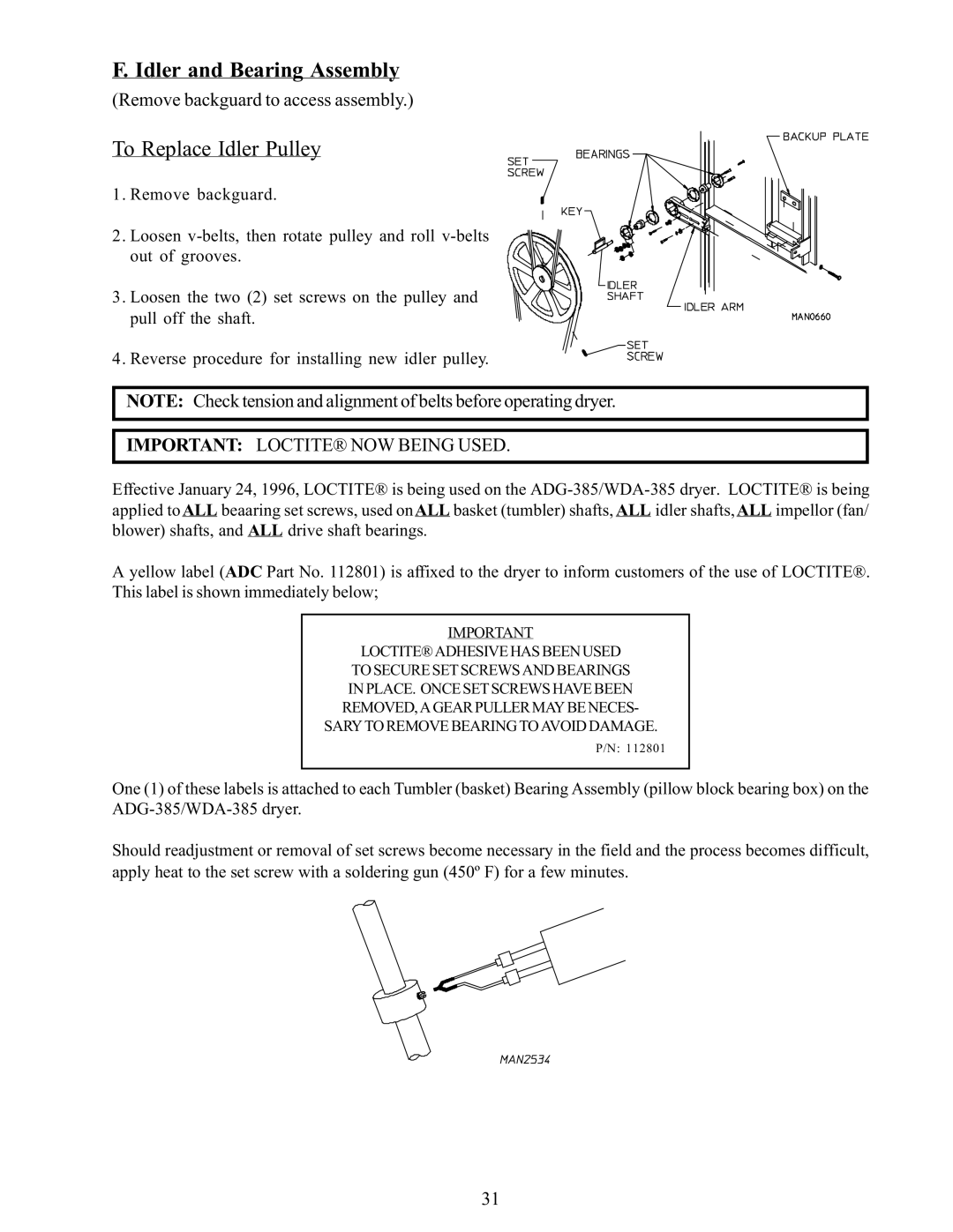 American Dryer Corp WDA-385 service manual Idler and Bearing Assembly, To Replace Idler Pulley 