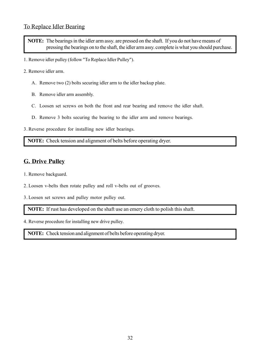 American Dryer Corp WDA-385 service manual To Replace Idler Bearing, Drive Pulley 