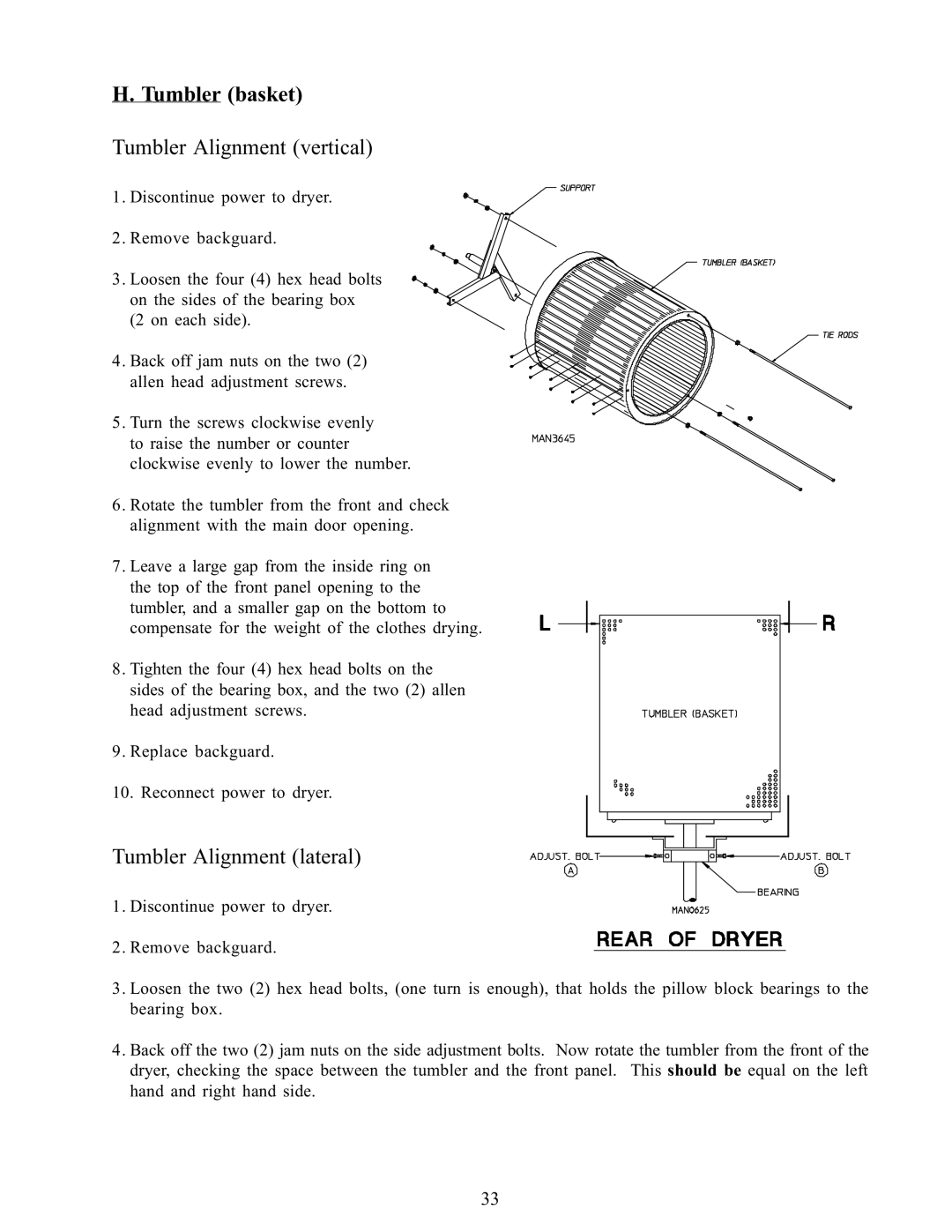 American Dryer Corp WDA-385 service manual Tumbler basket Tumbler Alignment vertical, Tumbler Alignment lateral 