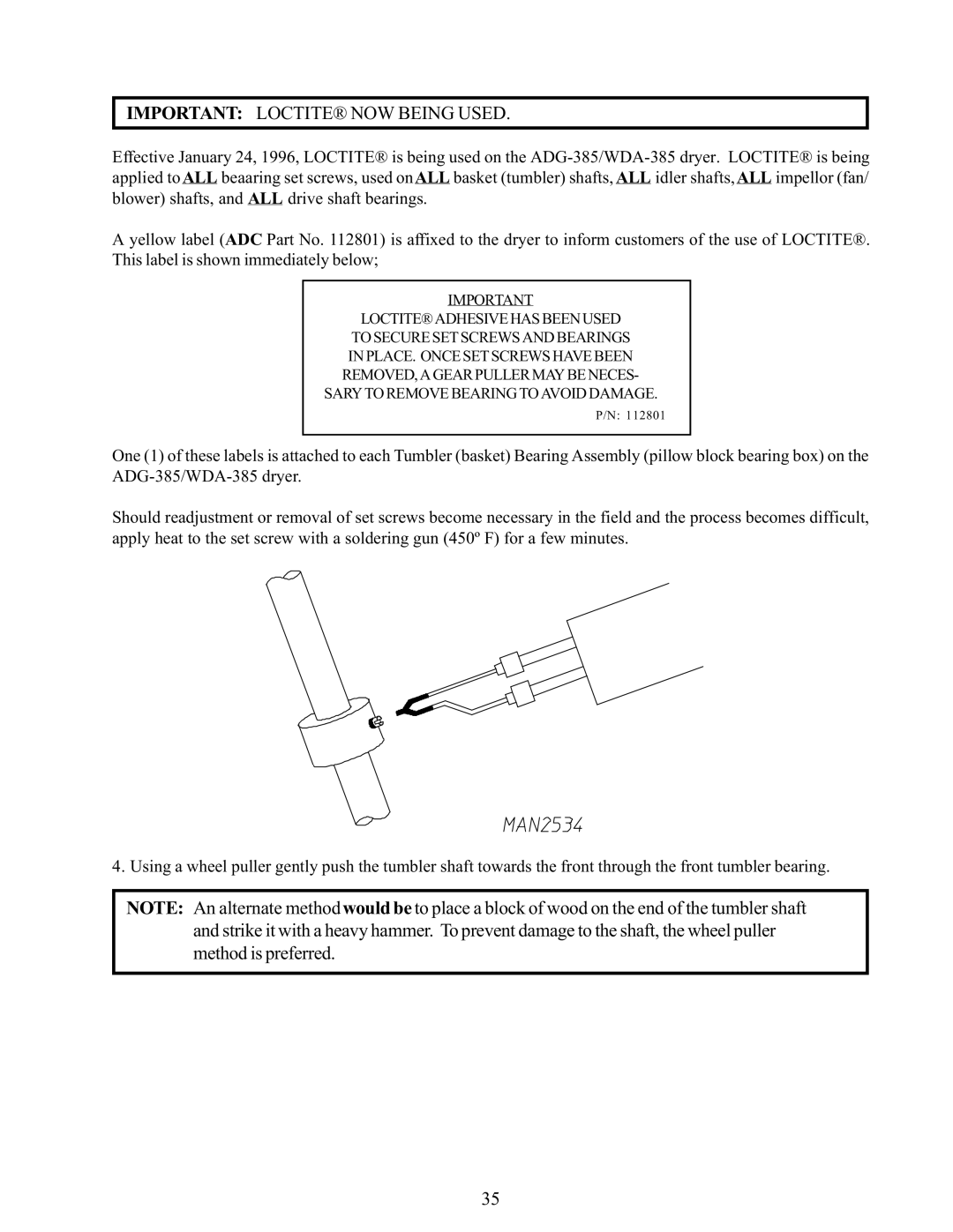 American Dryer Corp WDA-385 service manual Important Loctite NOW Being Used 