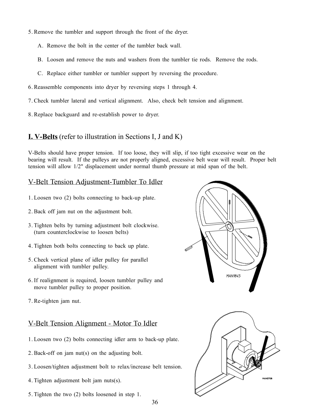 American Dryer Corp WDA-385 Belts refer to illustration in Sections I, J and K, Belt Tension Adjustment-Tumbler To Idler 