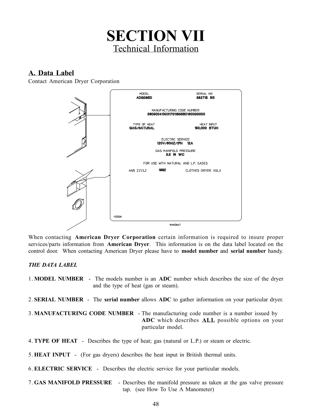 American Dryer Corp WDA-385 service manual Technical Information, Data Label 